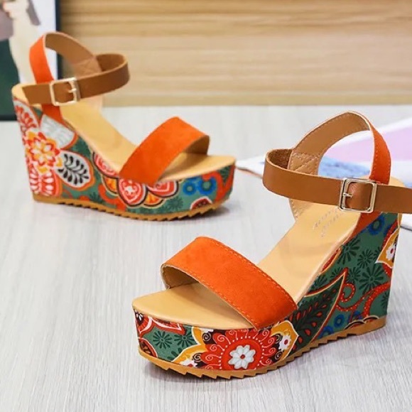 Orange Buckle Retro Floral Wedge Platform Heel Shoes - Picture 6 of 10